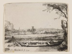 Kanal med en stor båt och en bro av Rembrandt van Rijn