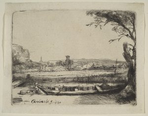Kanal med en stor båt och en bro, 1650. av Rembrandt van Rijn