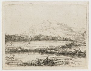 Kanal med en sportfiskare och två svanar Kanal med en sportfiskare och två svanar av Rembrandt van Rijn