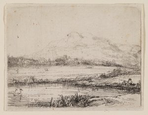 Kanal med en sportfiskare och två svanar av Rembrandt van Rijn