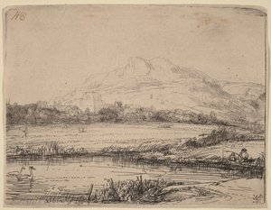 Kanal med en fiskare och två svanar av Rembrandt van Rijn