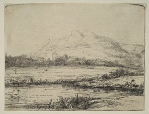 Kanal med en fiskare och två svanar, 1650. av Rembrandt van Rijn