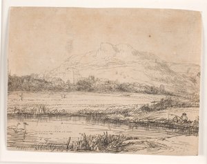 Kanal med en fiskare och två svanar av Rembrandt van Rijn