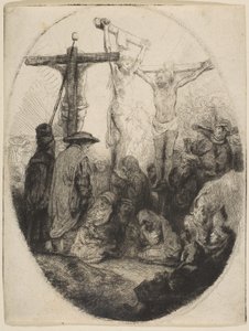 Kristus korsfäst mellan två tjuvar, oval tallrik, ca. 1641. av Rembrandt van Rijn