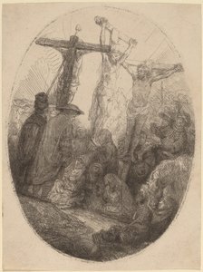 Kristus korsfäst mellan de två tjuvarna: en oval tallrik av Rembrandt van Rijn