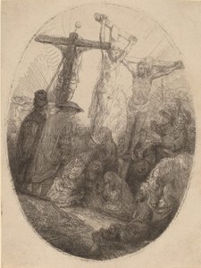 Kristus korsfäst mellan de två tjuvarna: en oval tallrik, ca. 1641. av Rembrandt van Rijn