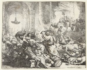 Kristus driver bort penningväxlarna (B.69; BB. 35-Bii) av Rembrandt van Rijn