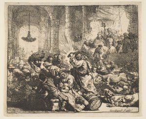 Kristus driver växlarna från templet, 1635. av Rembrandt van Rijn