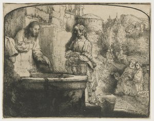 Kristus och Samariens kvinna Kristus och kvinnan i Samaria: ett välvt tryck av Rembrandt van Rijn