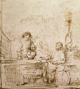 Kristus och Samariens kvinna (penna och brunt bläck på papper) av Rembrandt van Rijn