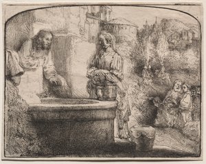 Kristus och Samariens kvinna: ett välvt tryck av Rembrandt van Rijn