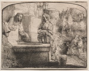 Kristus och kvinnan i Samaria: Ett välvt tryck, 1657-58. av Rembrandt van Rijn