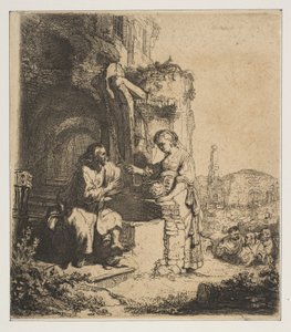 Kristus och Samariens kvinna bland ruiner. av Rembrandt van Rijn