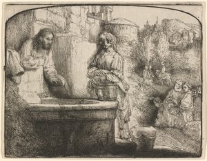 Kristus och Samariens kvinna: ett välvt tryck av Rembrandt van Rijn