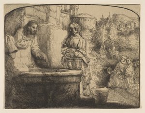 Kristus och kvinnan i Samaria: ett välvt tryck, 1658. av Rembrandt van Rijn