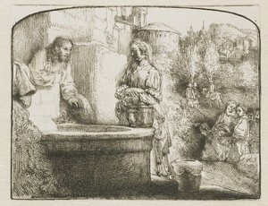 Kristus och kvinnan i Samaria: ett välvt tryck av Rembrandt van Rijn