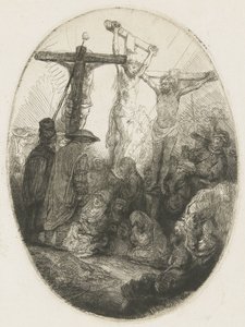 Kristus korsfästes mellan de två tjuvarna: en oval platta av Rembrandt van Rijn
