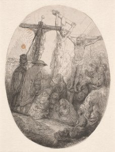 Kristus korsfäst mellan de två tjuvarna: en oval tallrik av Rembrandt van Rijn