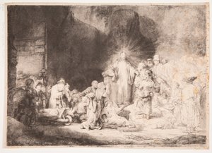 Kristus omgiven av sjuka, som tar emot små barn (”Hundra-gulden-trycket”) av Rembrandt van Rijn
