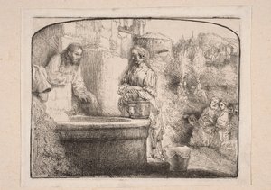 Kristus och den samariska kvinnan (Komposition som avslutas med en båge upptill) av Rembrandt van Rijn