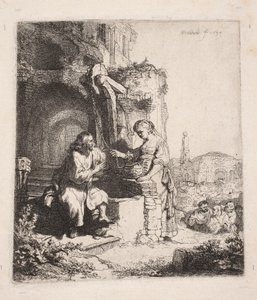 Kristus och den samariska kvinnan bland ruinerna (vertikal illustration) av Rembrandt van Rijn