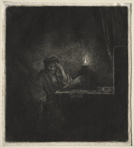 Kopia av Student vid ett bord vid levande ljus av Rembrandt van Rijn