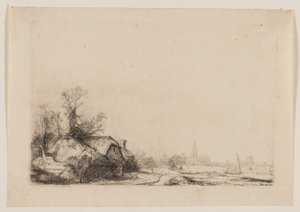 Stuga bredvid en kanal med utsikt över Ouderkerk av Rembrandt van Rijn