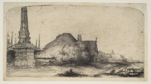 Stuga och gränspost på Spaarndammerdijk LObelisque, ca 1650. av Rembrandt van Rijn