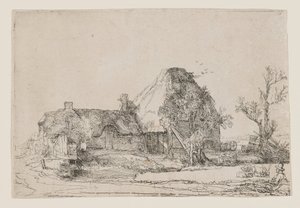 Stuga och lantbruksbyggnader med en man som tecknar av Rembrandt van Rijn