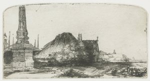 Stuga och gränsstolpe vid Spaarndammerdijk (”L’Obelisque”) av Rembrandt van Rijn