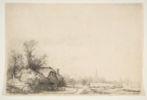 Stuga bredvid en kanal med utsikt över Ouderkerk, ca. 1641. av Rembrandt van Rijn
