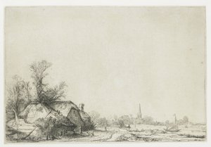 Stuga bredvid en kanal med utsikt över Ouderkerk av Rembrandt van Rijn