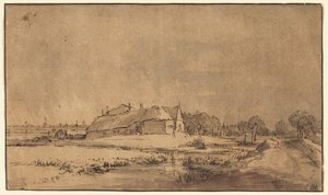 Stugor och lada bredvid en väg av Rembrandt van Rijn