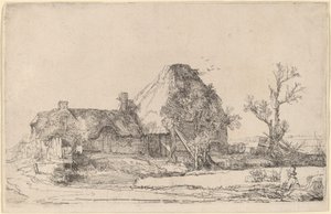 Stugor och gårdsbyggnader med en man som skissar av Rembrandt van Rijn