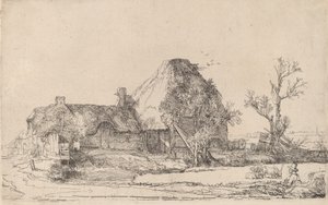 Stugor och gårdsbyggnader med en man som skissar, ca. 1645. av Rembrandt van Rijn