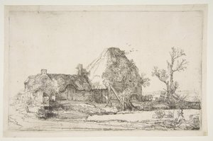 Stugor och gårdsbyggnader med en man som skissar, ca. 1645. av Rembrandt van Rijn