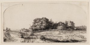 Stugor och en hölada på Diemerdijk med en fårflock av Rembrandt van Rijn