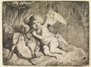 Cupid Resting, efter en målning som tidigare tillskrivits Rembrandt av Rembrandt van Rijn
