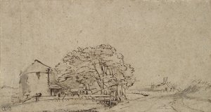Gårdsbyggnad bredvid en väg med avlägsen bondgård, 1650-69 (penna & brunt bläck med grått på papper) av Rembrandt van Rijn