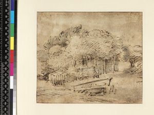 Bondgård under träd, med en gångbro, ca 1650 (penna och bläck med tvätt på papper) av Rembrandt van Rijn