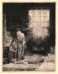 Faust i sin studie, tittar på en magisk skiva av Rembrandt van Rijn
