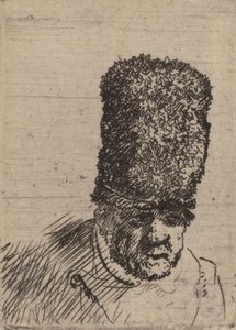 Chef för en gammal man i hög pälsmössa. av Rembrandt van Rijn