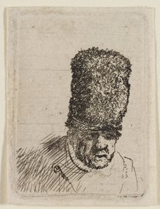 Huvudet av en äldre man i en hög pälsmössa: byst av Rembrandt van Rijn