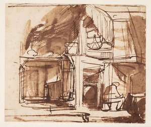 Interiör med en vindlande trappa och en sittande man av Rembrandt van Rijn