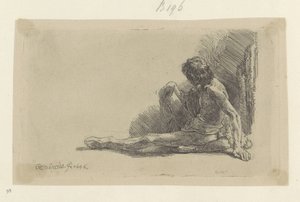 Ung man sitter på golvet med ett ben utsträckt Recueil de quatre-vingt-cinq estampes originales (serietitel) av Rembrandt van Rijn