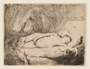 Jupiter och Antiope: Mindre platta av Rembrandt van Rijn