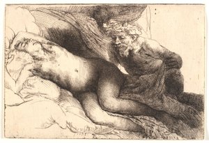 Jupiter och Antiope: den större plattan av Rembrandt van Rijn