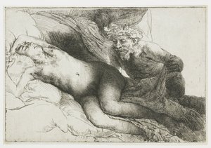 Jupiter och Antiope: den större plattan av Rembrandt van Rijn