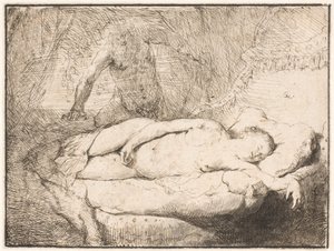 Jupiter och Antiope: den mindre bilden av Rembrandt van Rijn