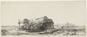 Landskap med stugor och en höskulle av Rembrandt van Rijn